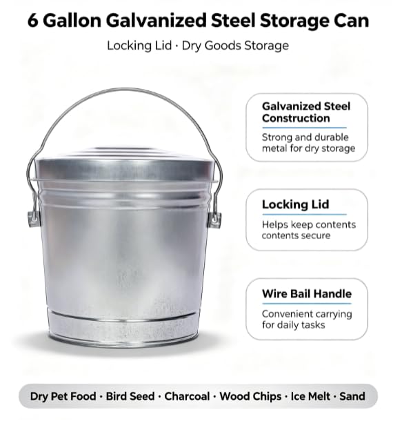 Galvanized Steel 6 Gallon Storage Can with Locking Lid R4605