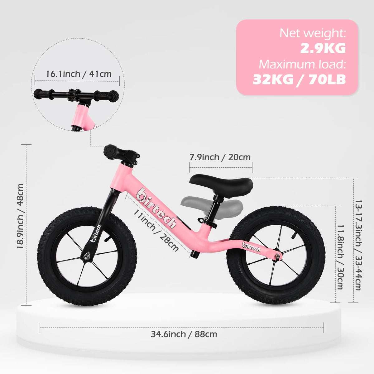 12" No Pedal Balance Bike with Inflatable Rubber Tires W8954