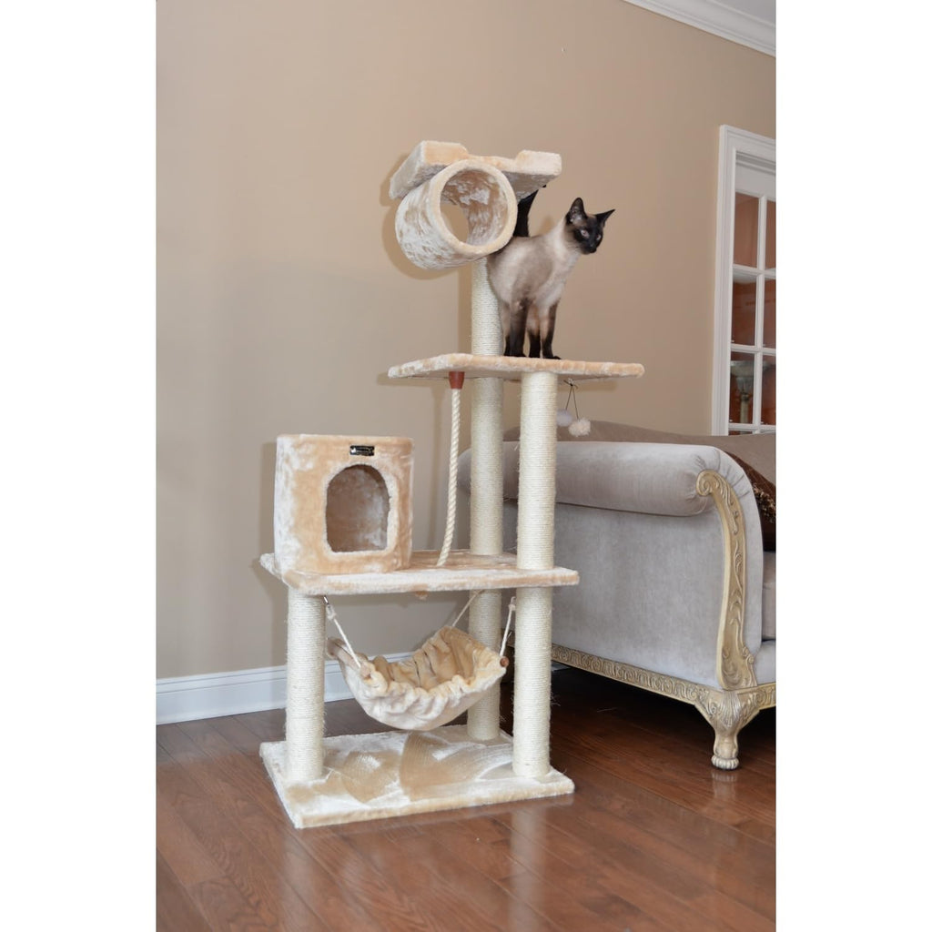 Tall 70 Inch MultiLevel Feline Activity Tower with Scratching Posts and Playhouse, Tan O992