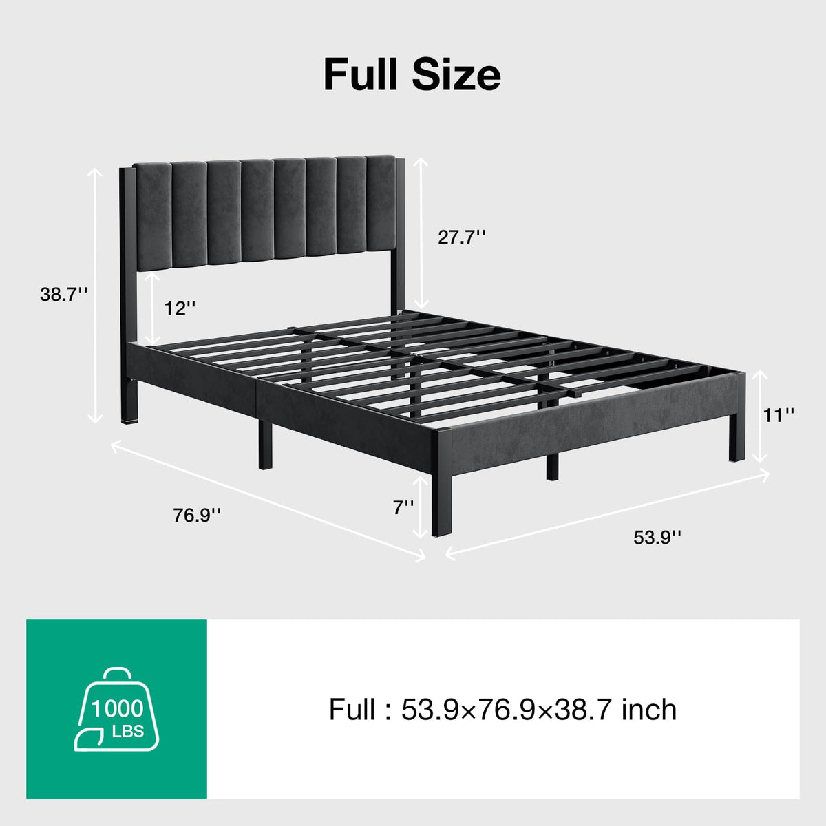 Full Size Metal Platform Bed Frame with Velvet Black Headboard and Footboard U6013
