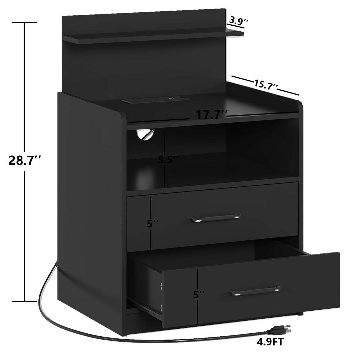 Black LED Nightstand with Charging Station and 2 Drawers W879