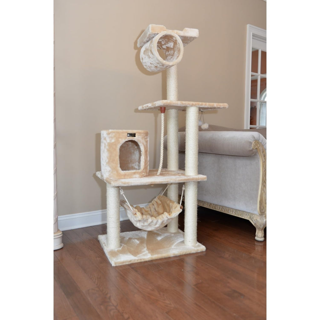 Tall 70 Inch MultiLevel Feline Activity Tower with Scratching Posts and Playhouse, Tan O992