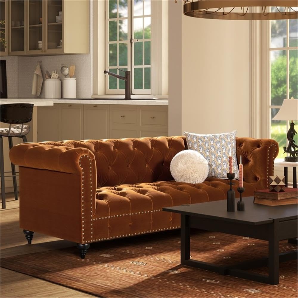 Burnt Orange Velvet Tufted Chesterfield Sofa P603490