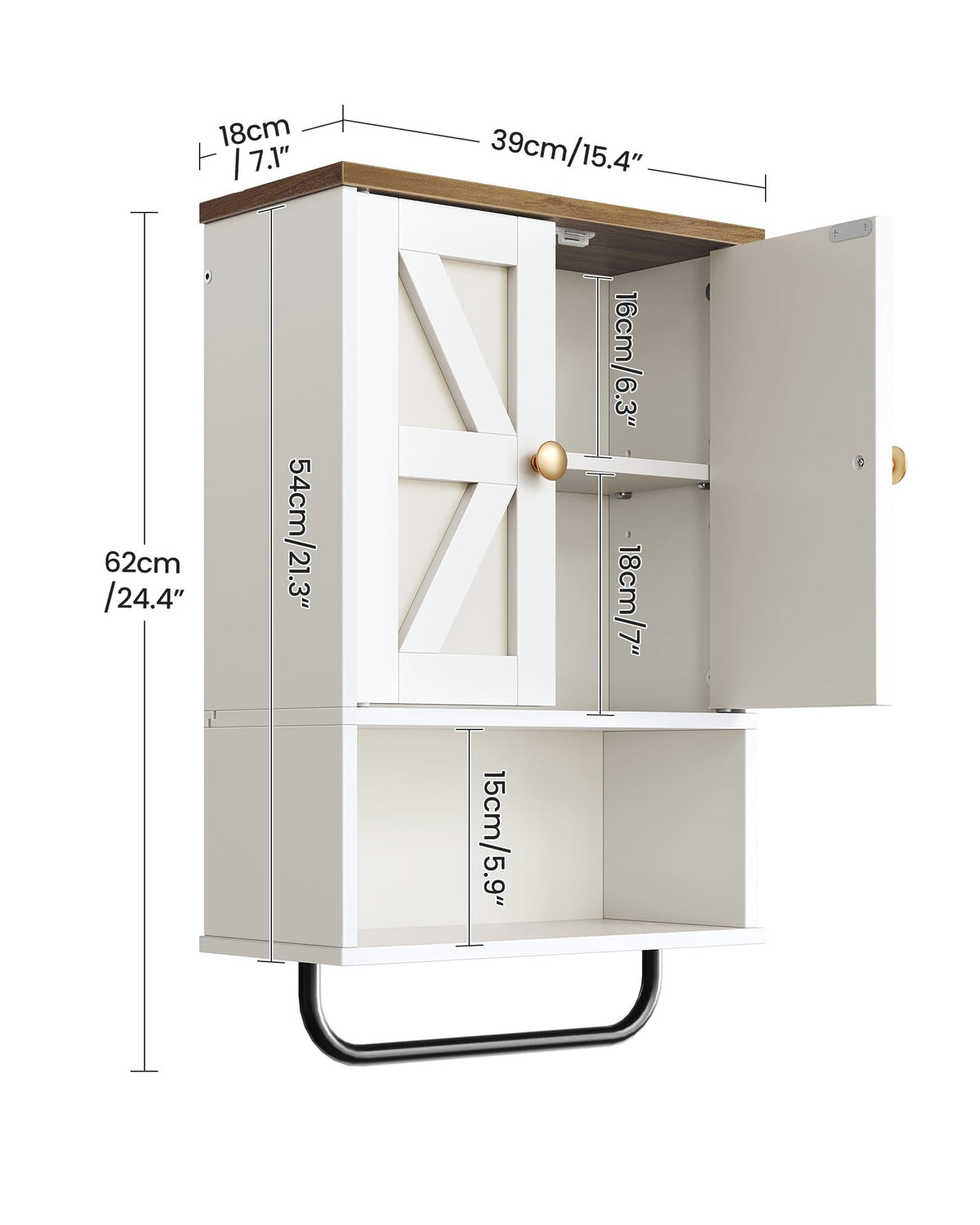 White and Walnut Bathroom Wall Cabinet with Towel Bar H819