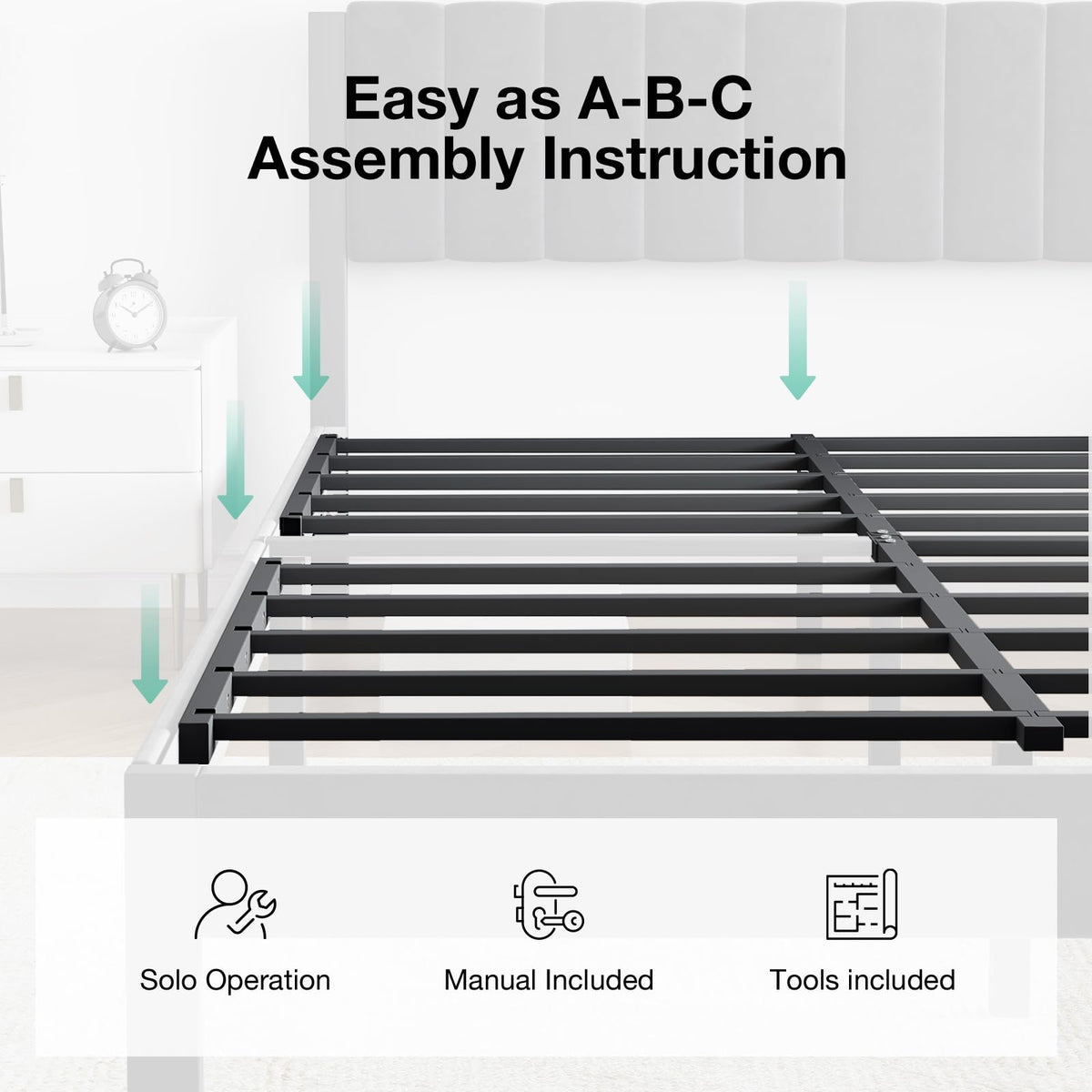 Full Size Metal Platform Bed Frame with Velvet Black Headboard and Footboard U6013