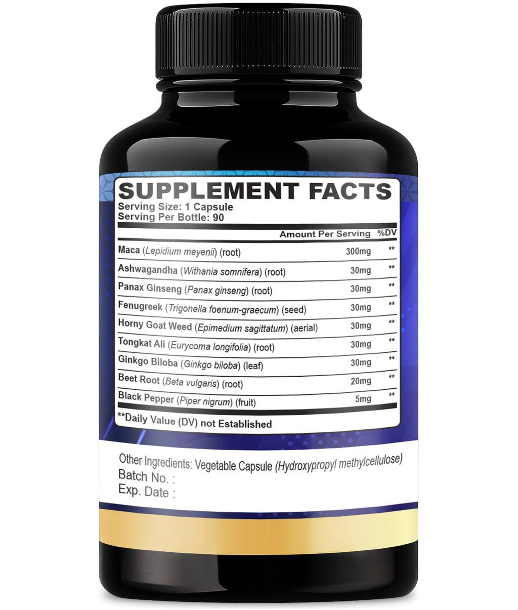 Maca Root Ashwagandha Panax Ginseng Supplement 90 Capsules Y8469