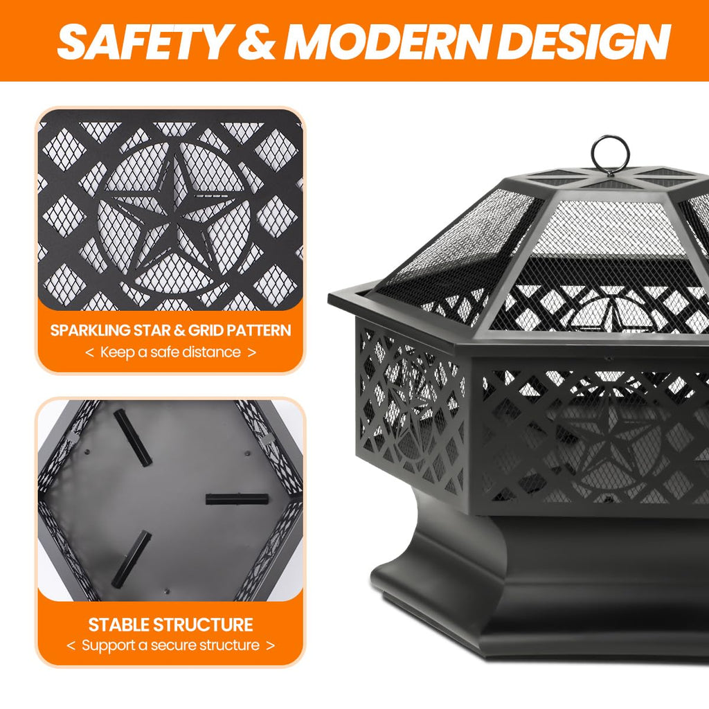 28 Inch Hexagonal Fire Pit with Spark Screen & Fire Poker Black E313