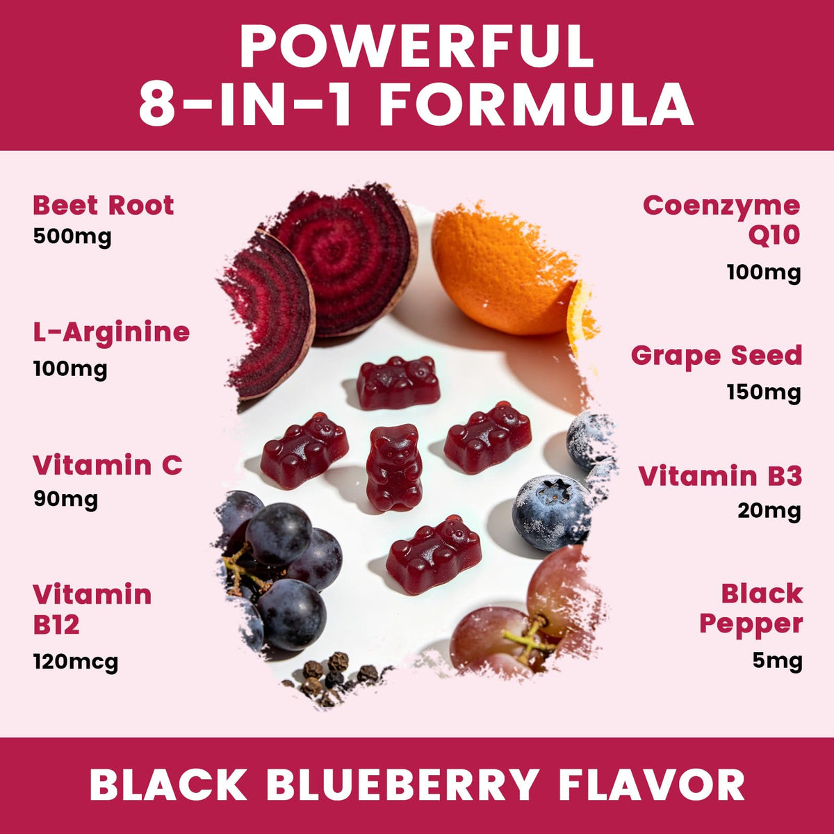 Beet Root Gummies with CoQ10, L-Arginine & Grape Seed Extract, Vegan, 60 Counts E35957