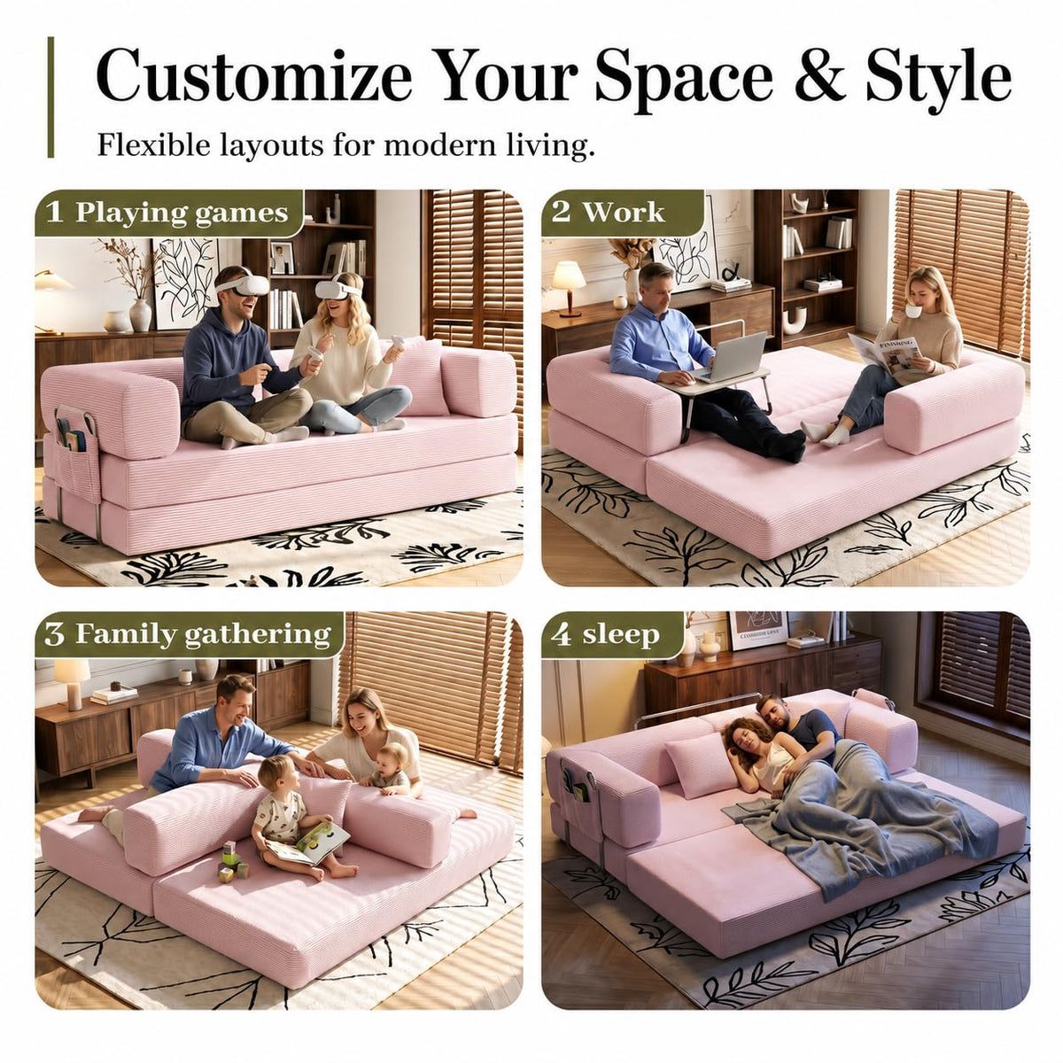Folding Convertible Corduroy Sofa Bed King Size I138476