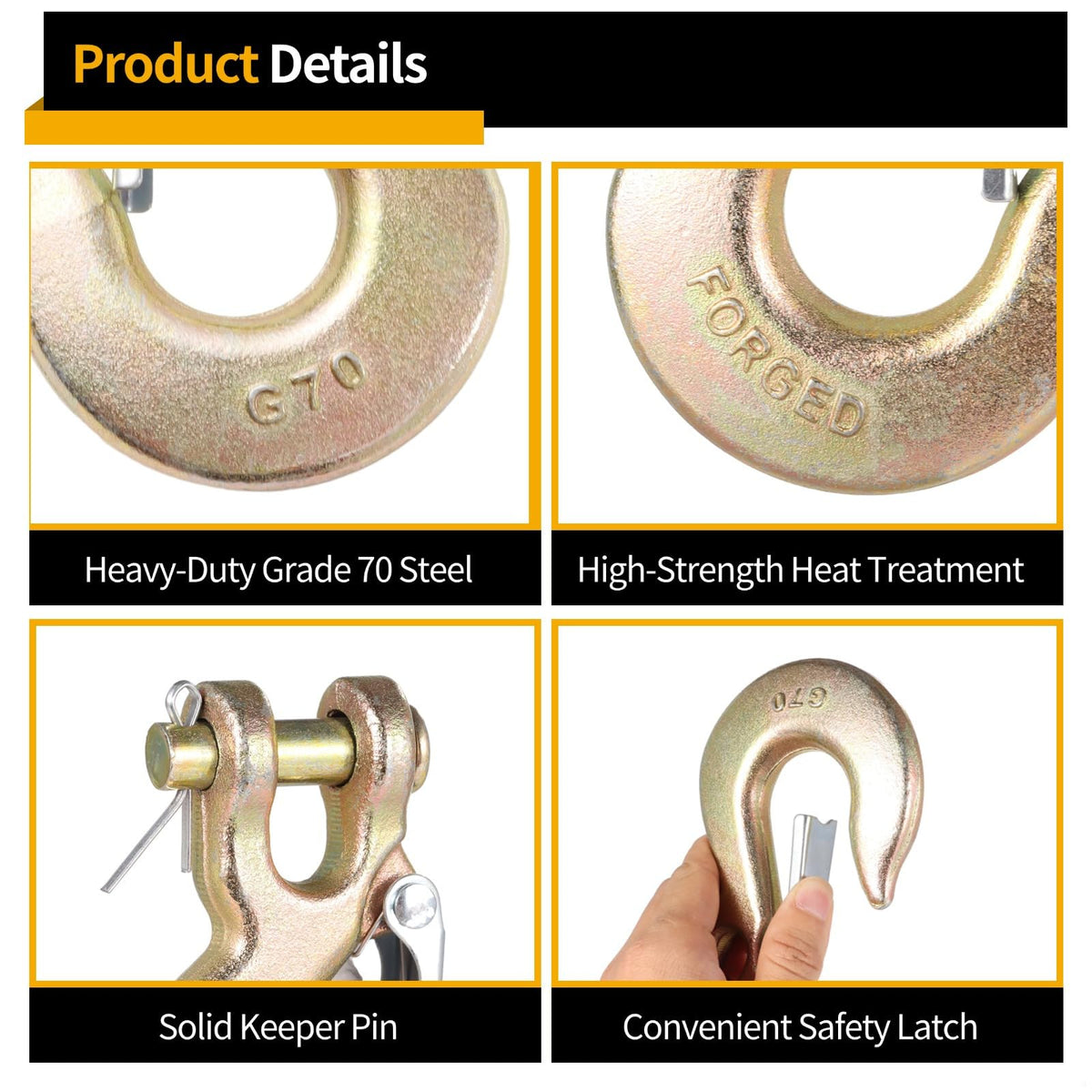 4 Pack 3/8-Inch Grade 70 Steel Clevis Slip Hooks with Safety Latch J720196