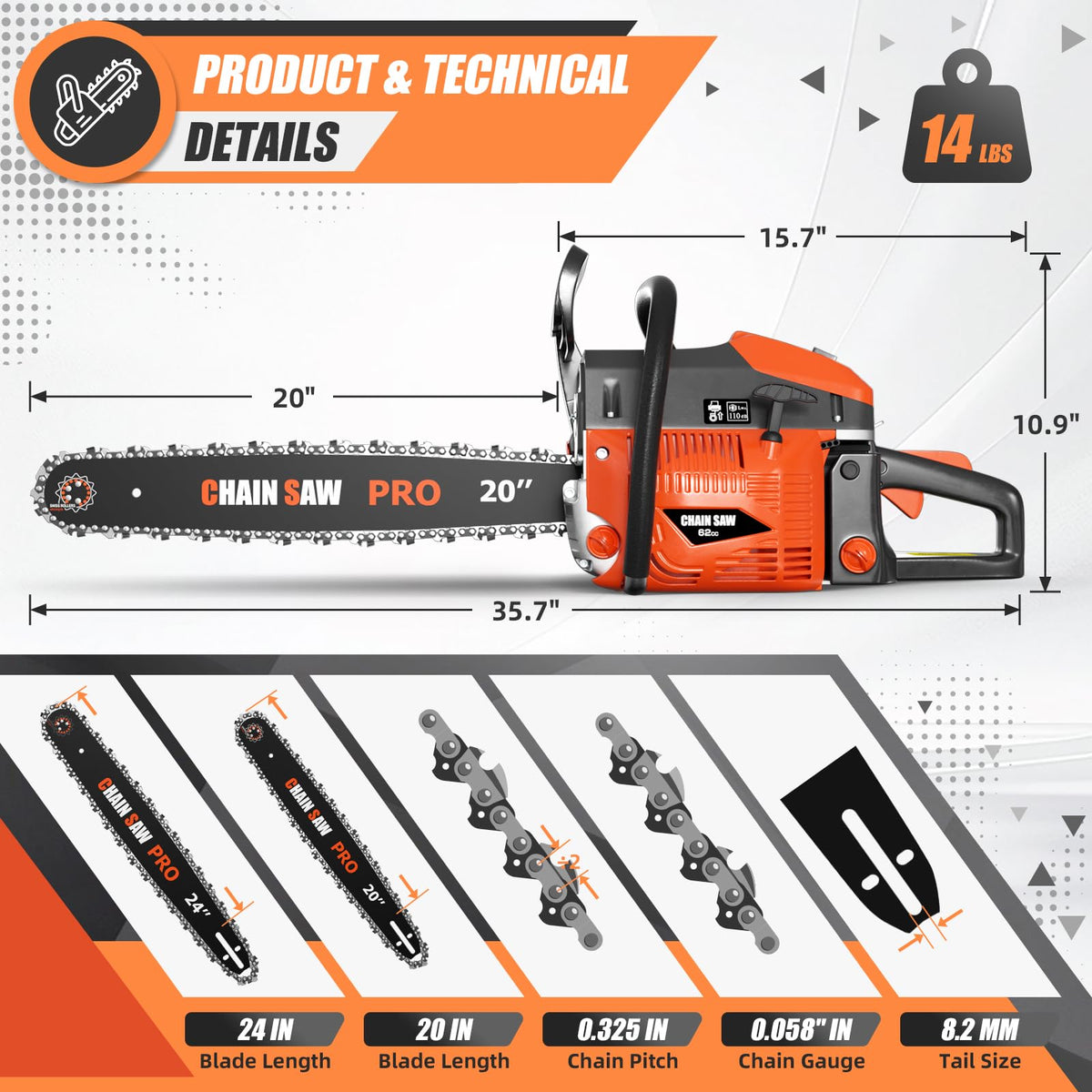 62CC Gas Chainsaw with 20inch & 24inch Chain Saw Bar P754800