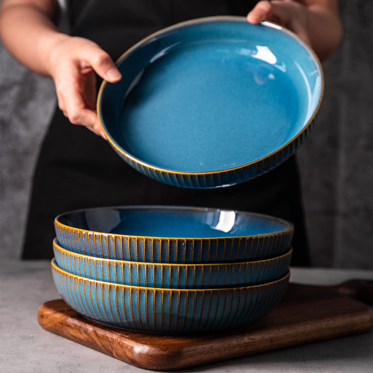 4 Pcs 35 Ounces 8.5 Inch Porcelain Pasta Bowls Blue J4214