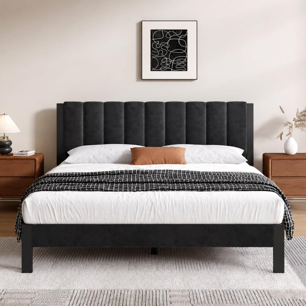 Full Size Metal Platform Bed Frame with Velvet Black Headboard and Footboard U6013