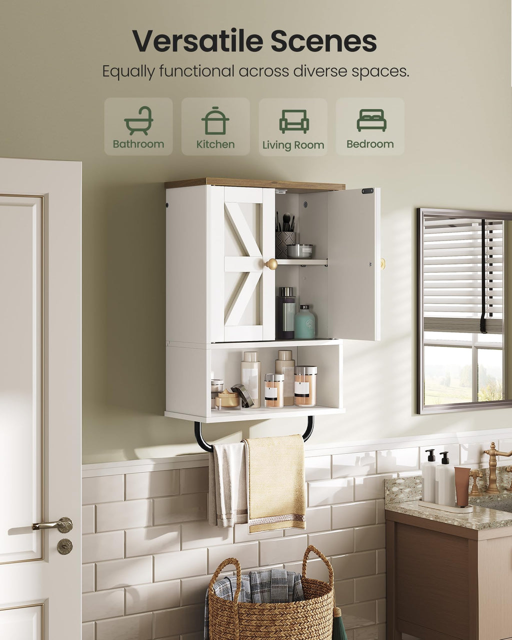 White and Walnut Bathroom Wall Cabinet with Towel Bar H819