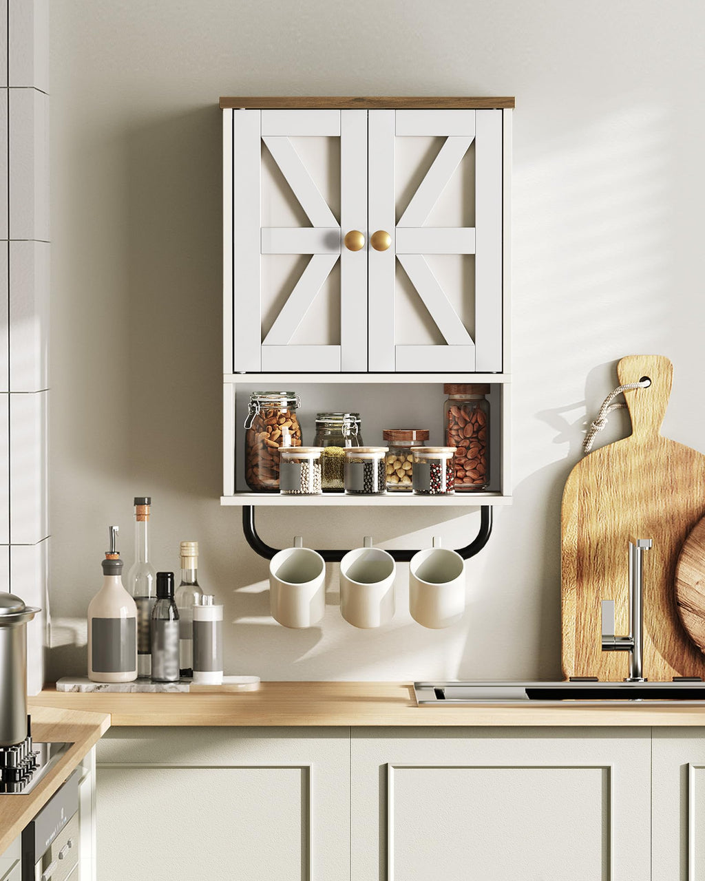 White and Walnut Bathroom Wall Cabinet with Towel Bar H819