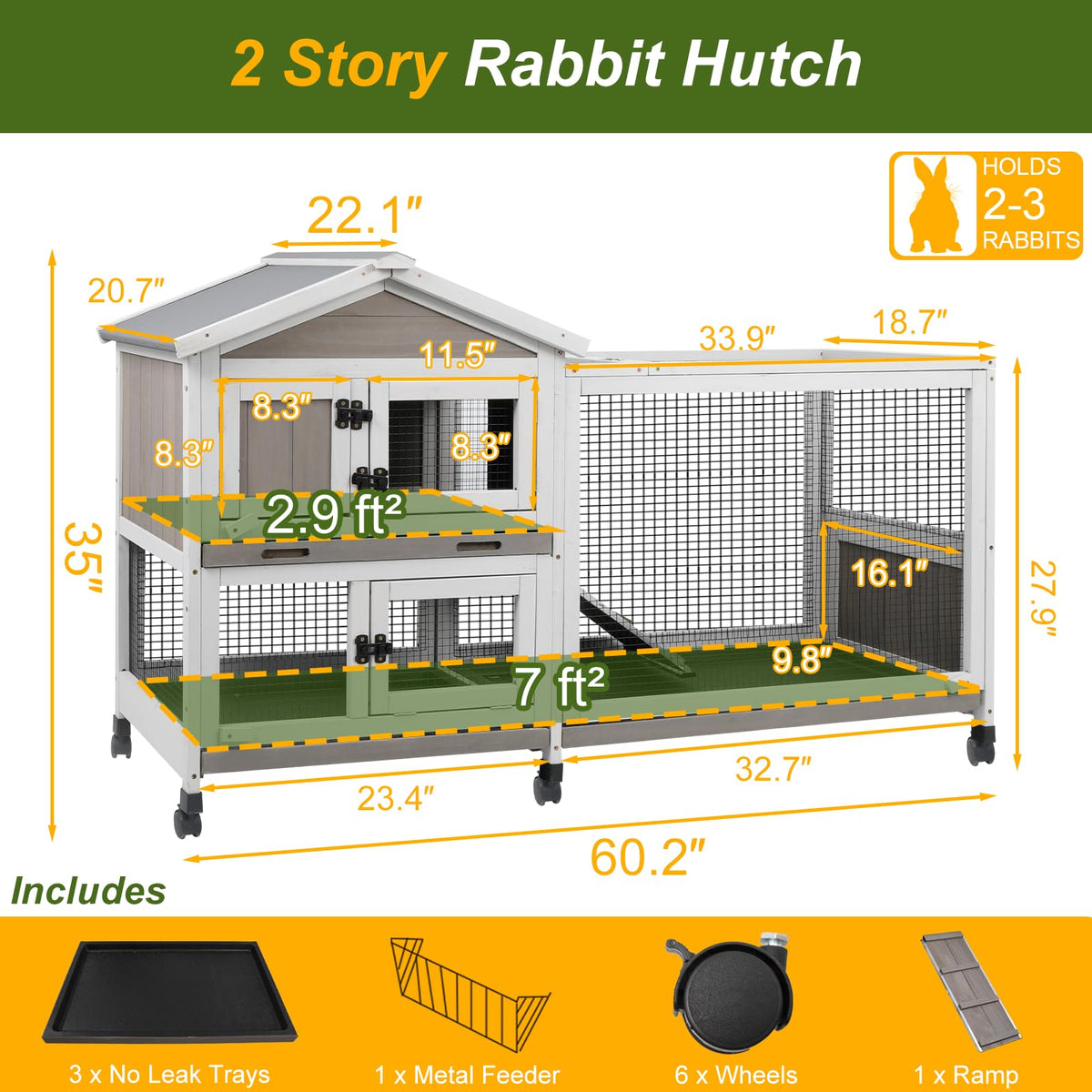 Large Rabbit Hutch with Run 2-Story Bunny Cage 6 Wheels G619332