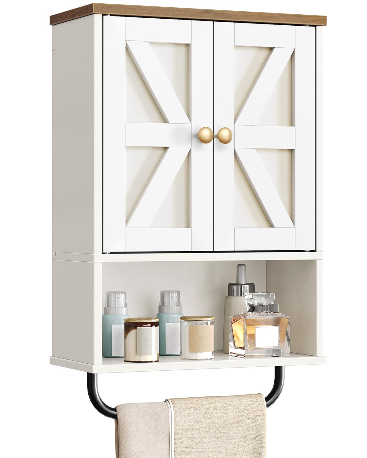 White and Walnut Bathroom Wall Cabinet with Towel Bar H819