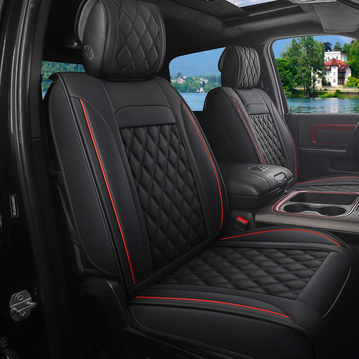 Waterproof Synthetic Leather Car Seat Covers 5PCS Full Set Black Red N315616
