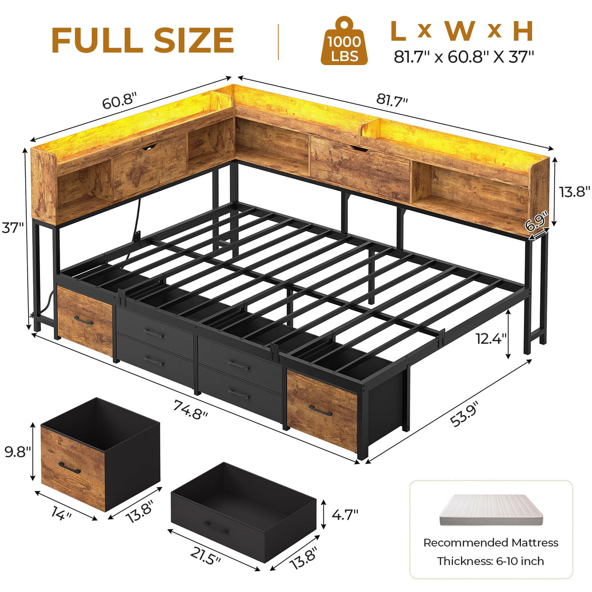 Full Size Corner Bed Frame with 6 Storage Drawers and Bookcase G21741