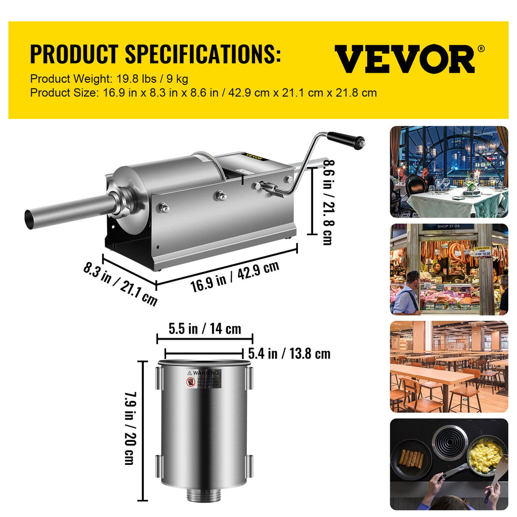 3L Manual Stainless Steel Sausage Stuffer with 5 Filling Nozzles H777