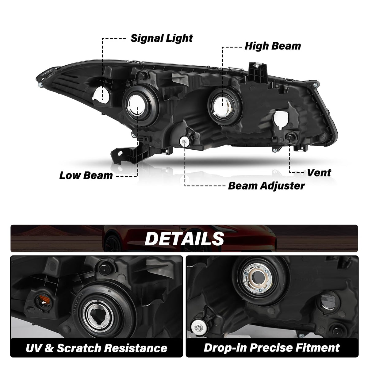 Headlight Assembly Replacement Chrome Housing with Amber Reflector E5648