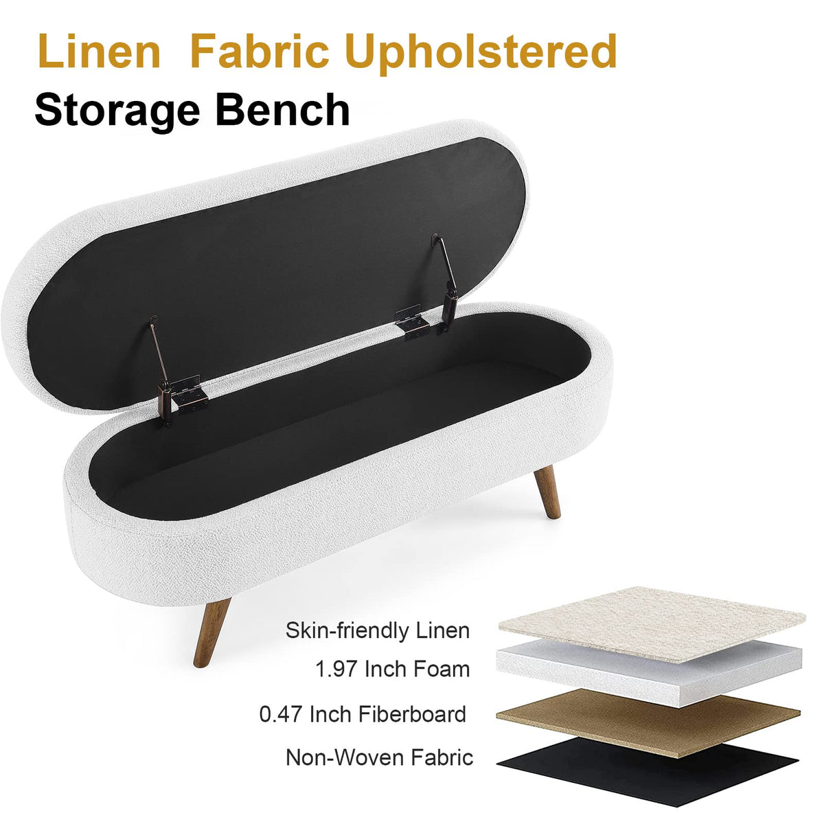 White Linen Fabric Upholstered Storage Bench with Solid Wood Legs D737