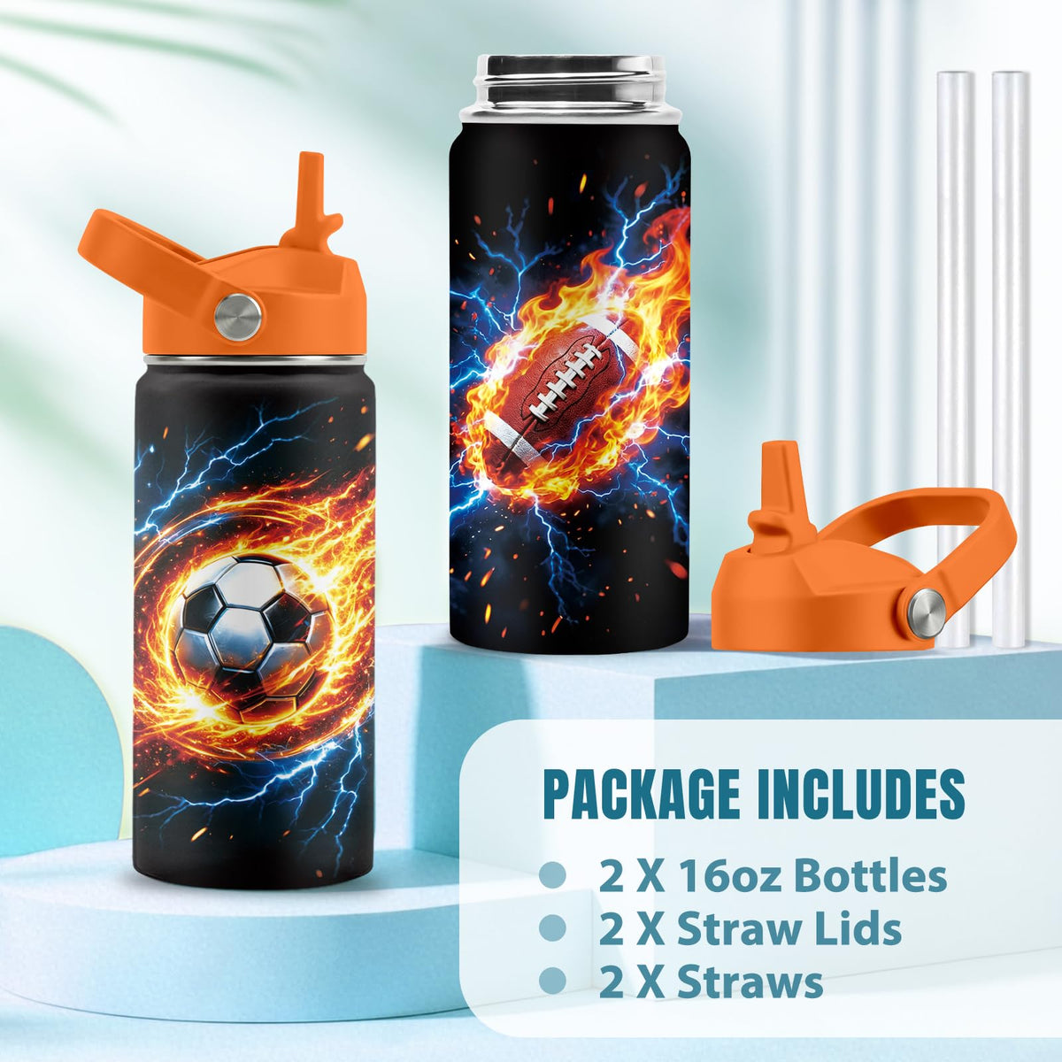 16 oz Stainless Steel Insulated Water Bottle with Straw Lid, 2 Pack H1592