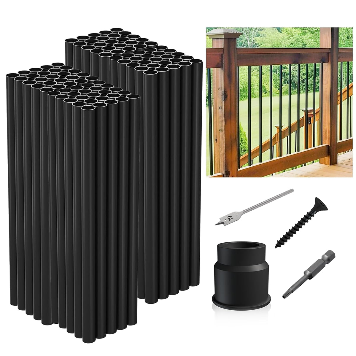 32"-100Pack Aluminum Deck Balusters Hollow Round Deck Railing Spindles Matte Coated Black C468566