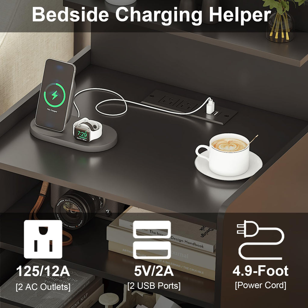 Black LED Nightstand with Charging Station and 2 Drawers W879