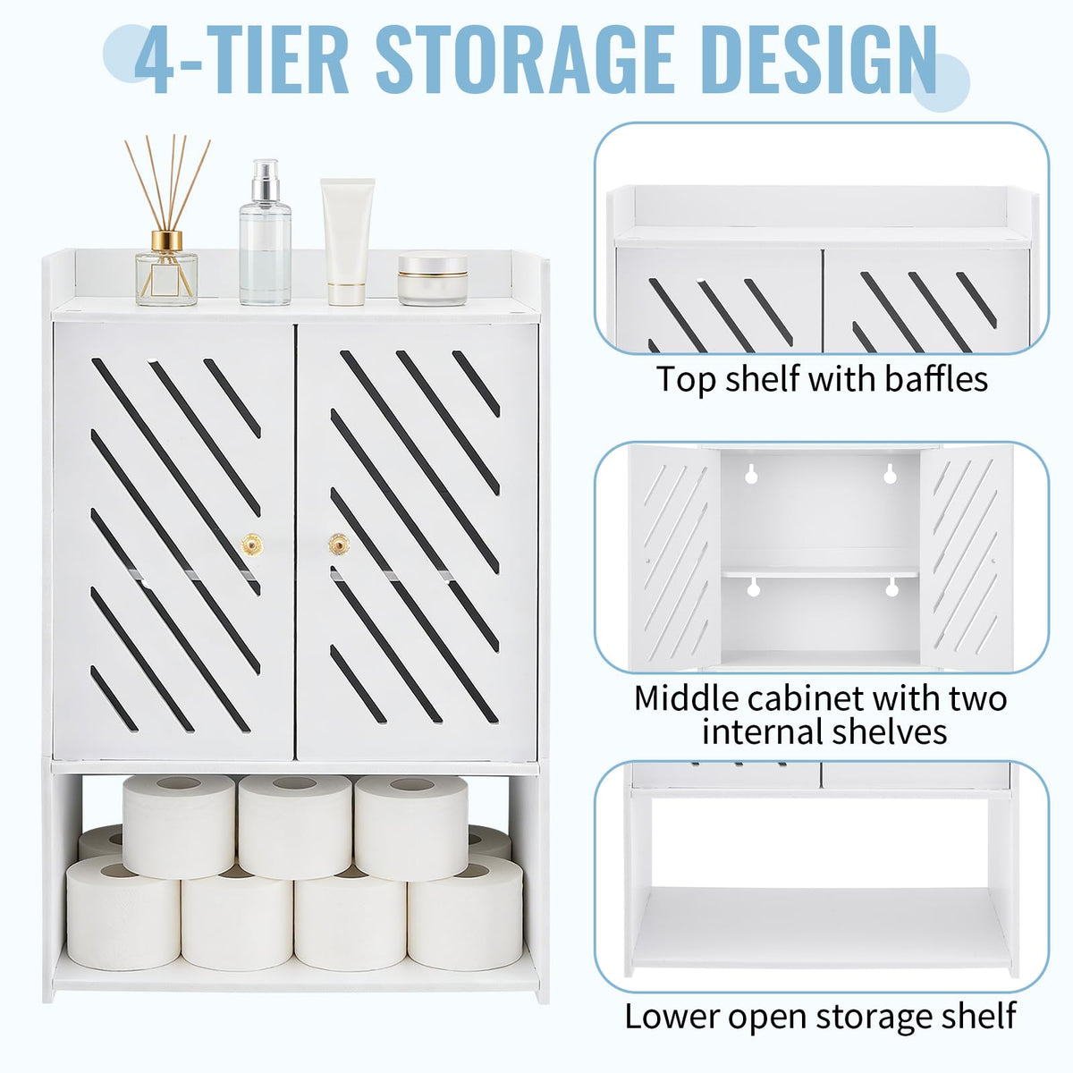 Wall Mounted 4-Tier White Bathroom Storage Cabinet with Door and Shelf F735873