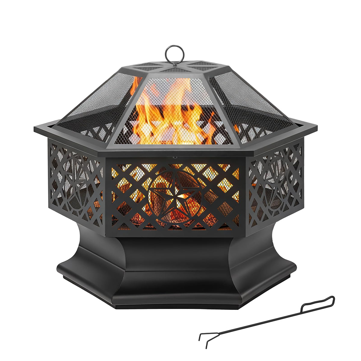28 Inch Hexagonal Fire Pit with Spark Screen & Fire Poker Black E313