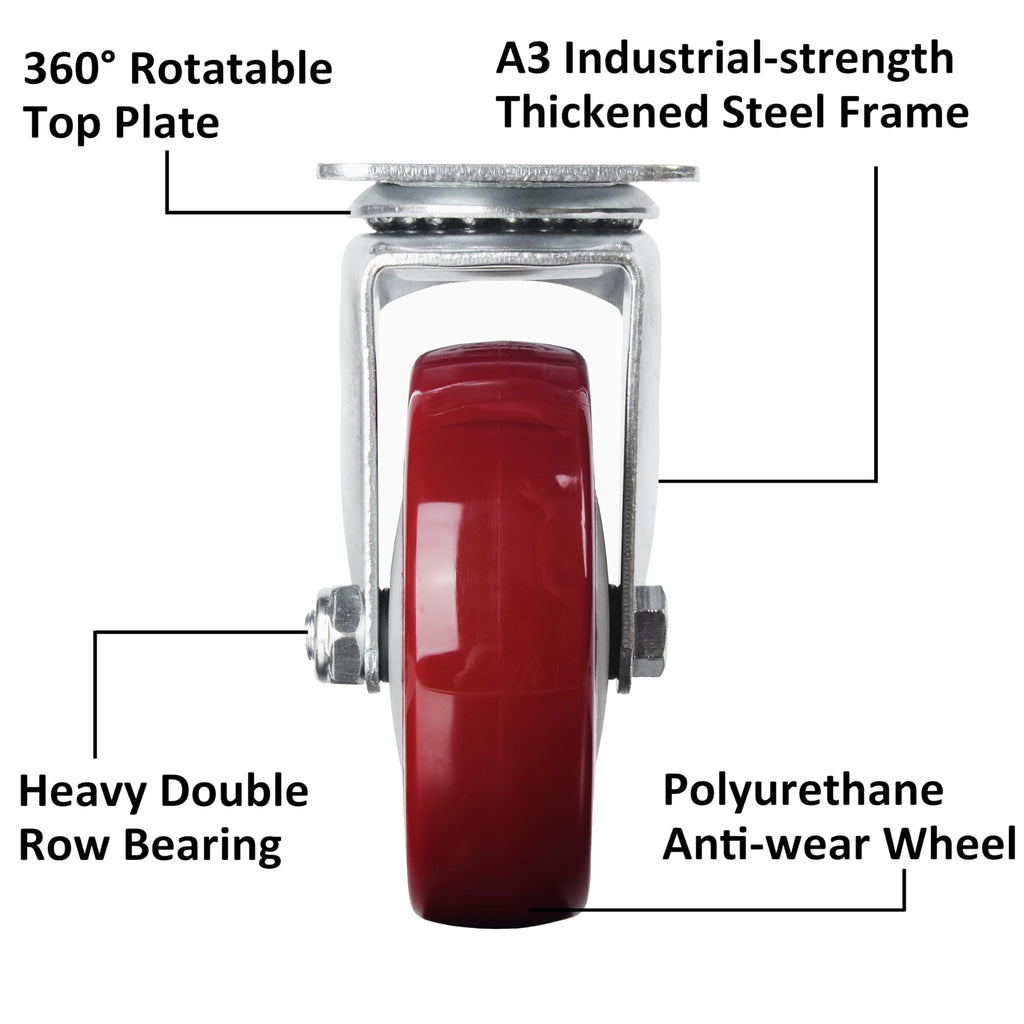 4” Swivel Plate Casters Set of 4 Heavy Duty Polyurethane Wheels Red A213077