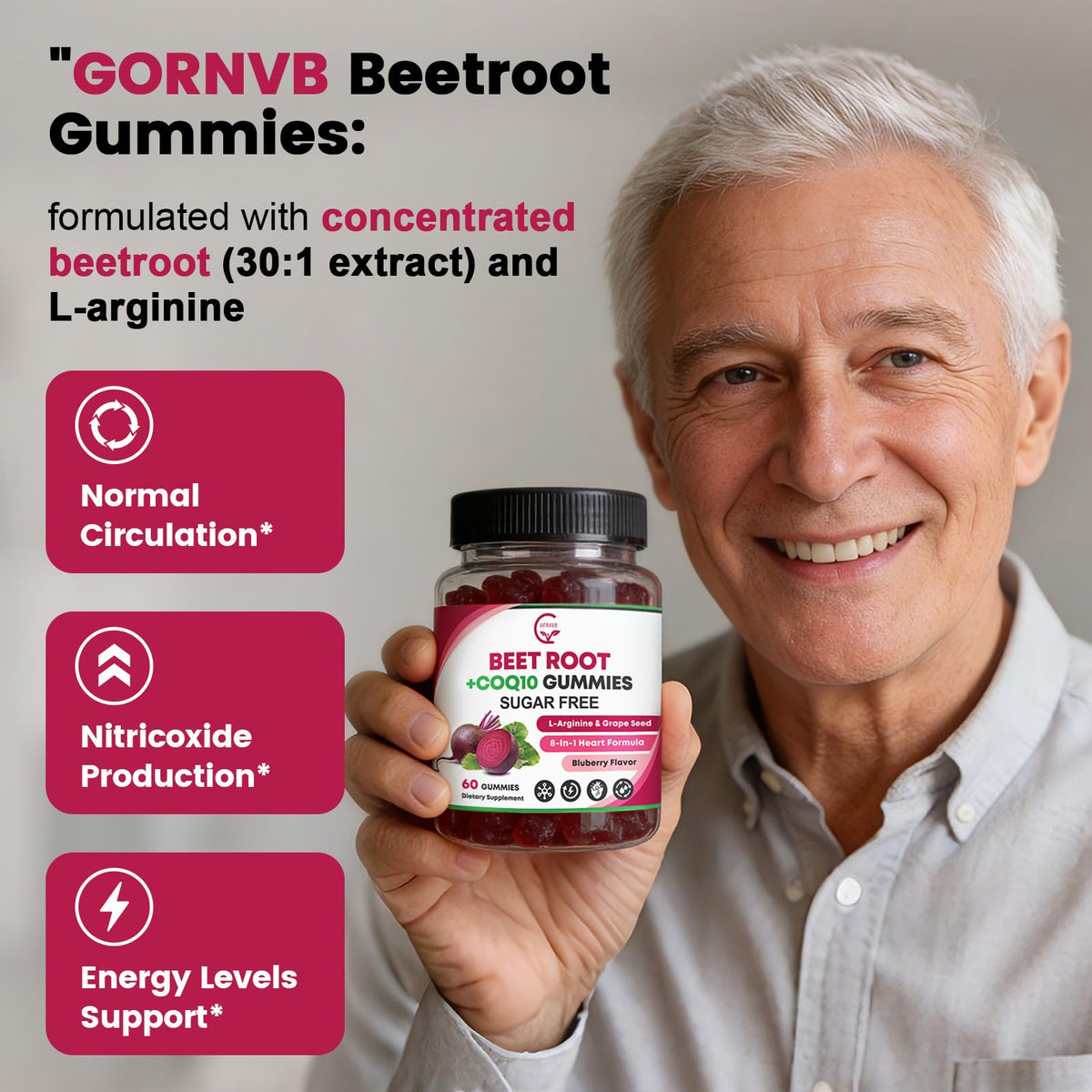 Beet Root Gummies with CoQ10, L-Arginine & Grape Seed Extract, Vegan, 60 Counts E35957
