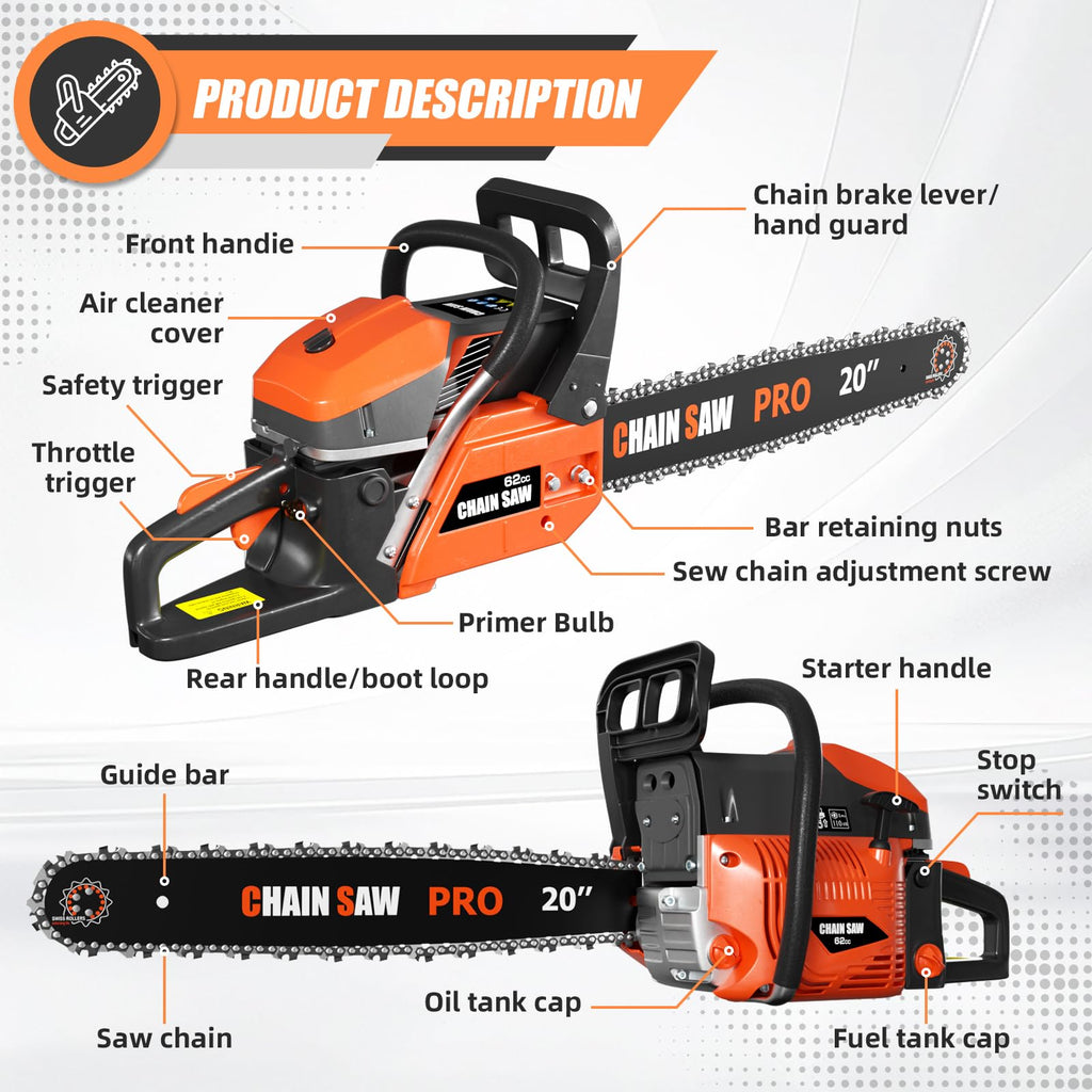 62CC Gas Chainsaw with 20inch & 24inch Chain Saw Bar P754800
