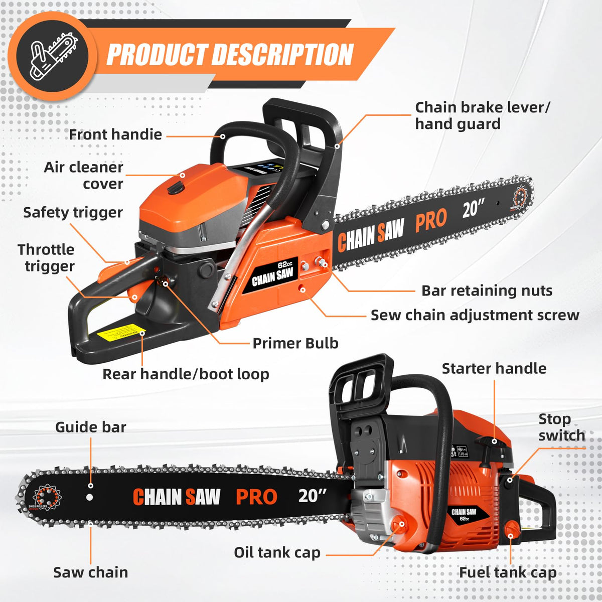 62CC Gas Chainsaw with 20inch & 24inch Chain Saw Bar P754800