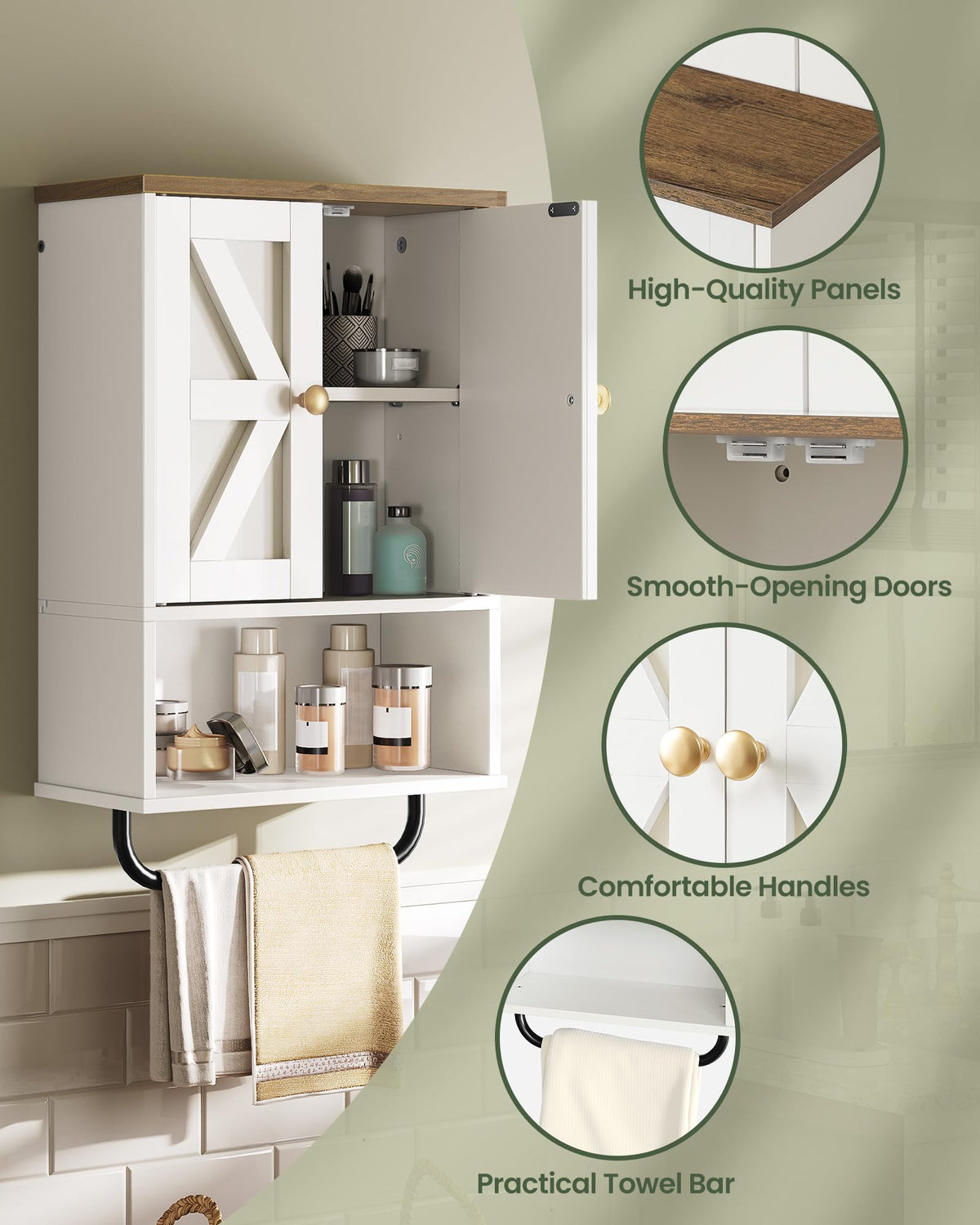 White and Walnut Bathroom Wall Cabinet with Towel Bar H819