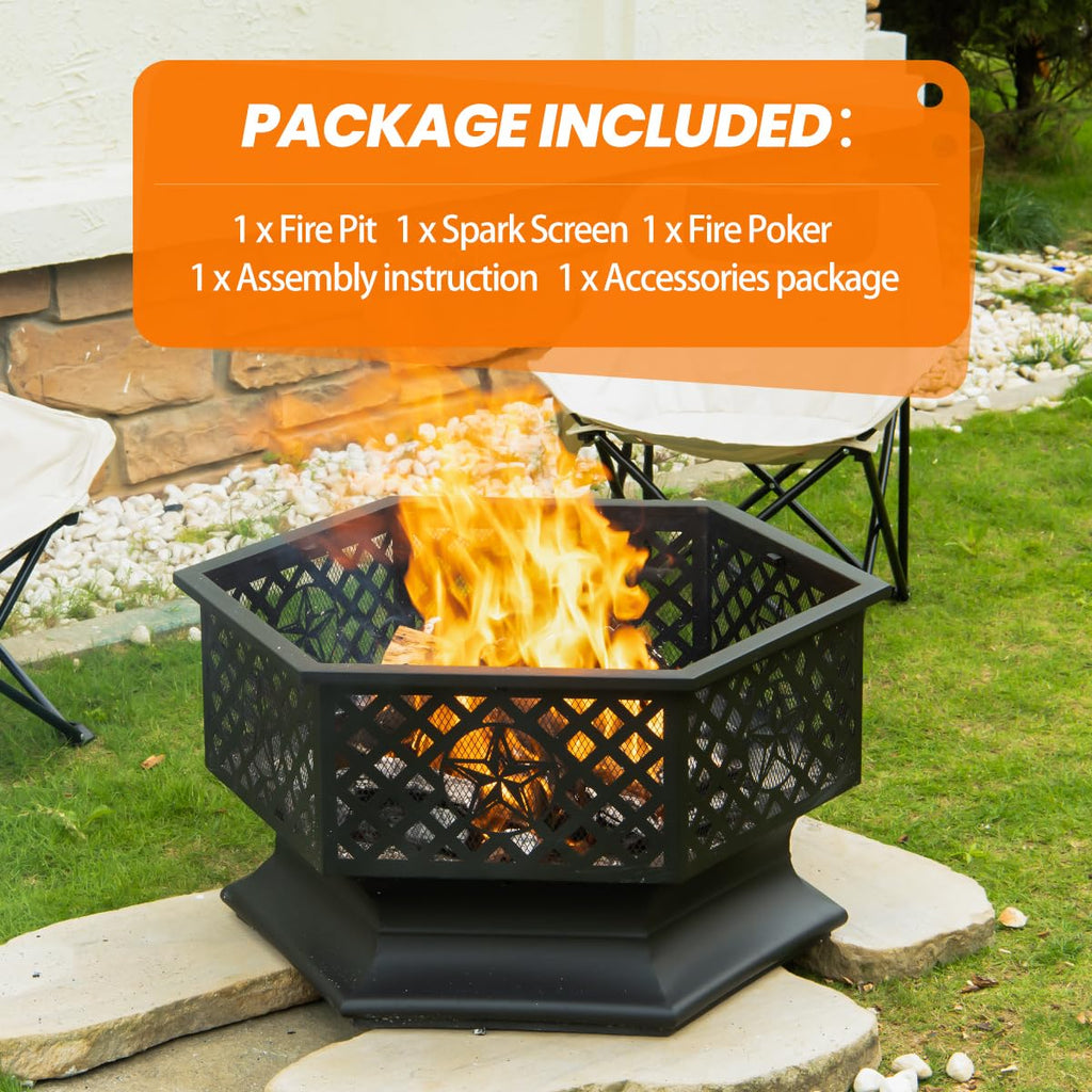28 Inch Hexagonal Fire Pit with Spark Screen & Fire Poker Black E313