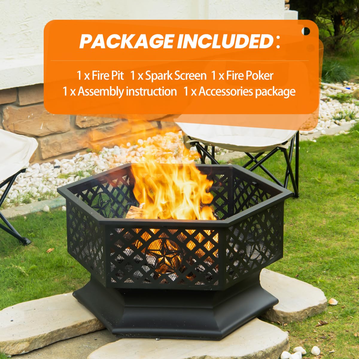28 Inch Hexagonal Fire Pit with Spark Screen & Fire Poker Black E313