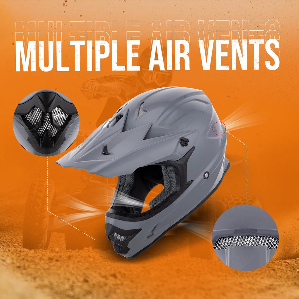 Adult ATV Dirt Bike Helmet with Goggles Gloves & Mask Adjustable Sun Visor Motorcycle Off-Road Motocross Downhill Moped MX Gray L U118
