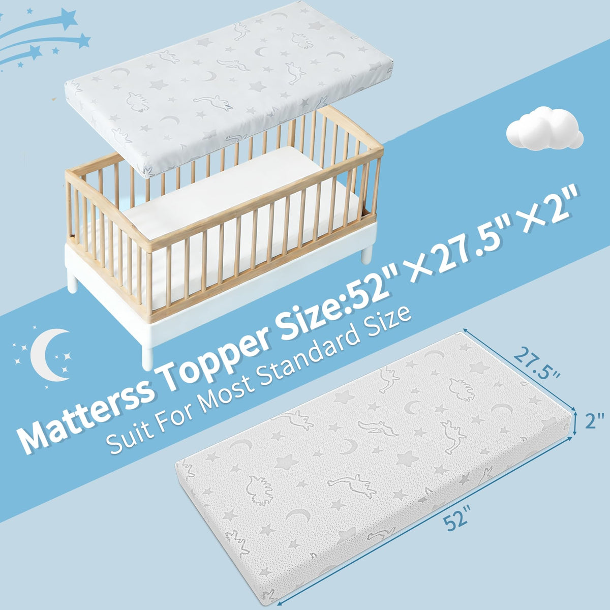 2" High Density Foam Crib Mattress Topper with Waterproof Washable Cover H788