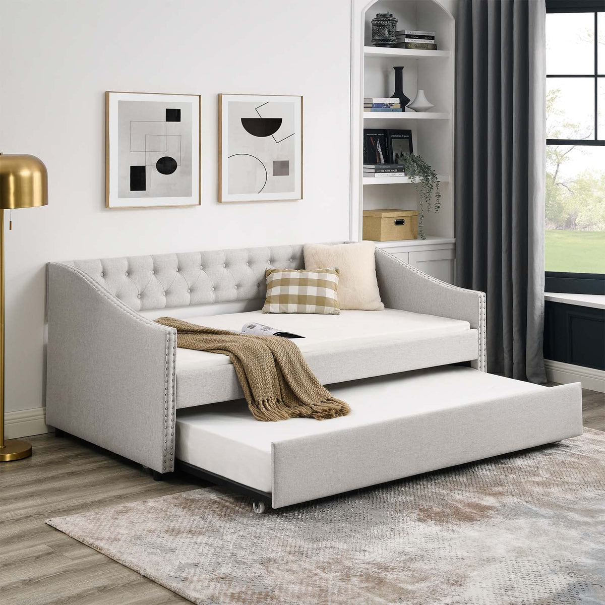Velvet Upholstered Twin Size Daybed with Trundle Y2980
