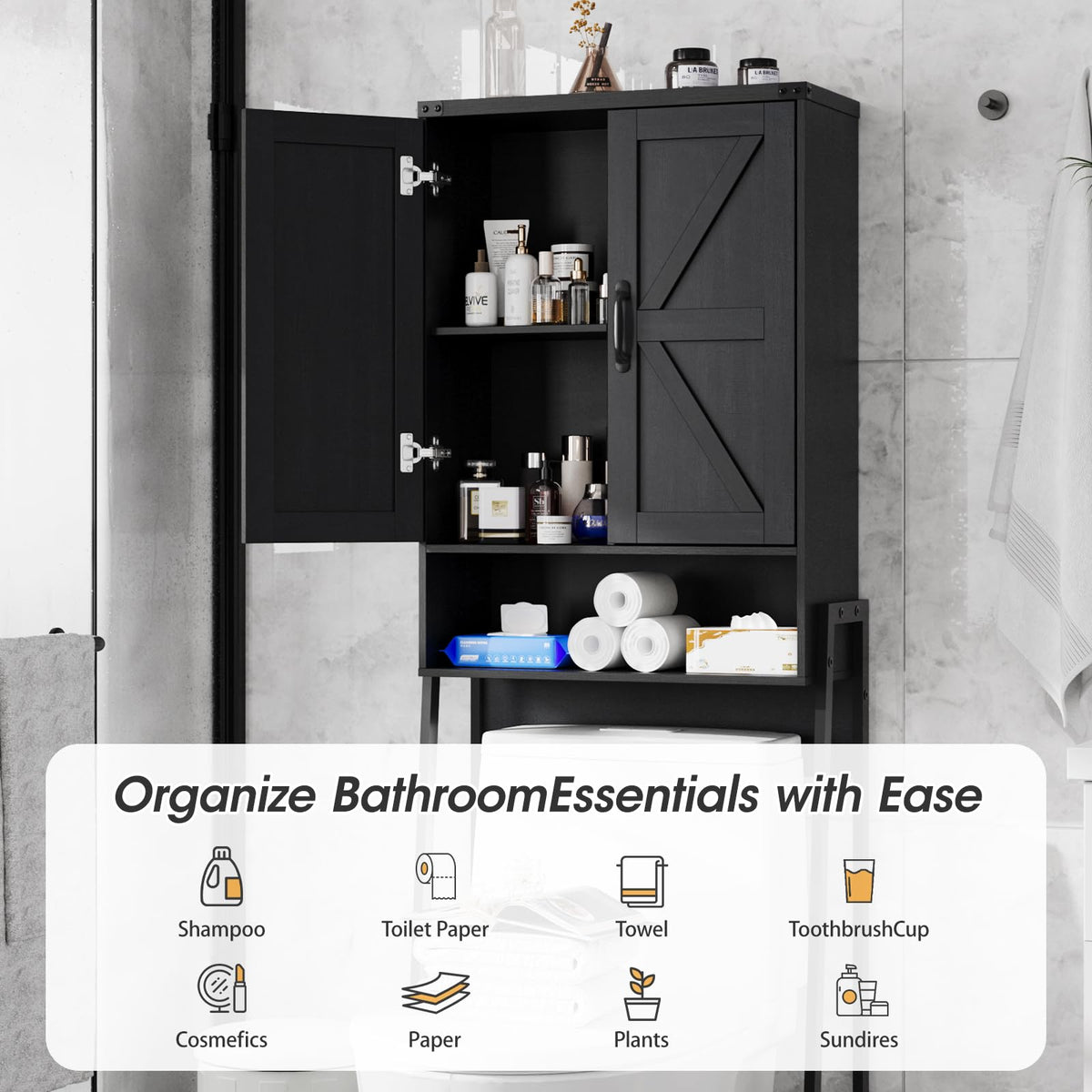 Over The Toilet Storage Cabinet with 2-Door Design Black P502064