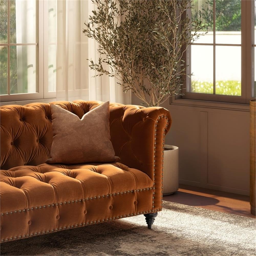 Burnt Orange Velvet Tufted Chesterfield Sofa P603490