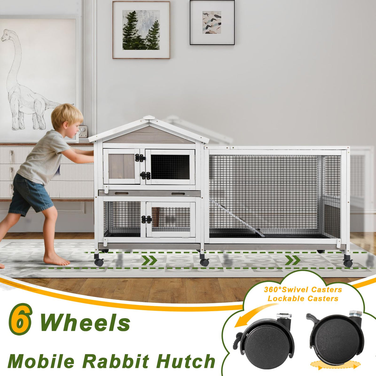 Large Rabbit Hutch with Run 2-Story Bunny Cage 6 Wheels G619332