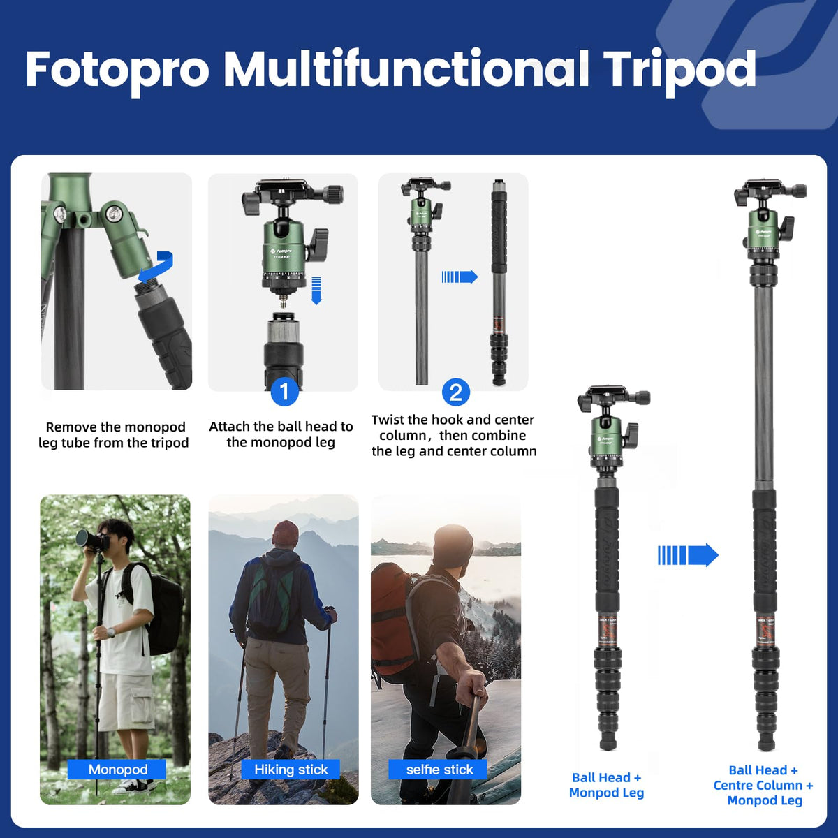 60" Carbon Fiber Camera Tripod with Ball Head and Monopod J58050