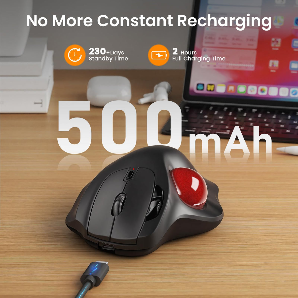 Wireless Rechargeable Thumb Control Trackball Mouse F9692