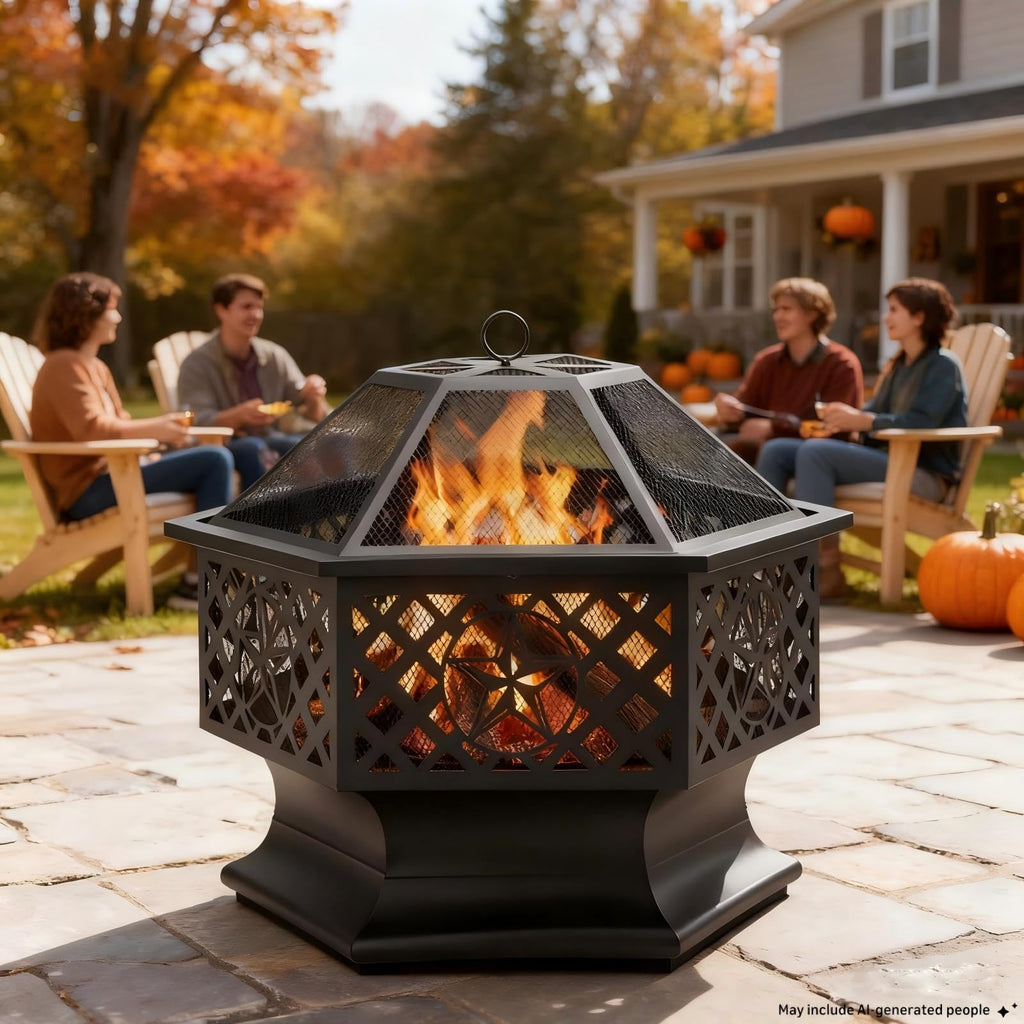 28 Inch Hexagonal Fire Pit with Spark Screen & Fire Poker Black E313