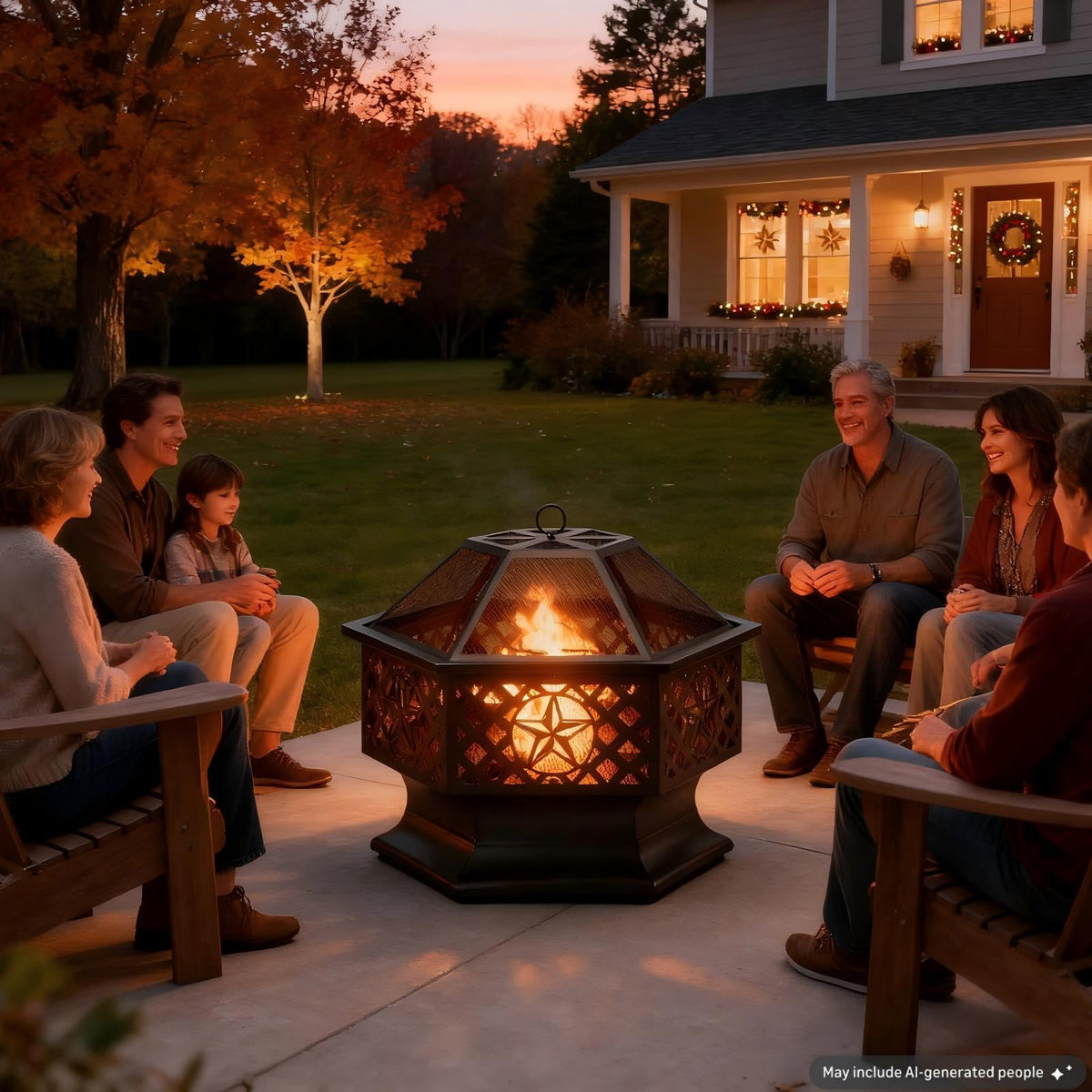28 Inch Hexagonal Fire Pit with Spark Screen & Fire Poker Black E313