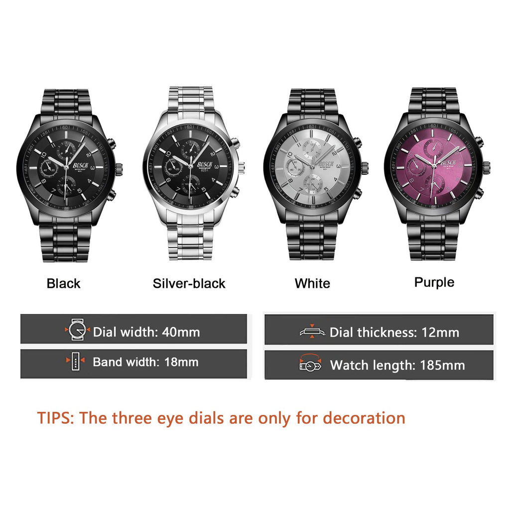 40mm Analog Watch with Auto Date & Day Display, Stainless Steel, 30M Waterproof W633
