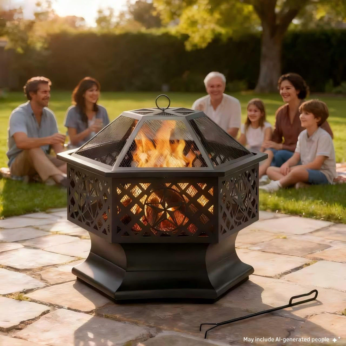 28 Inch Hexagonal Fire Pit with Spark Screen & Fire Poker Black E313